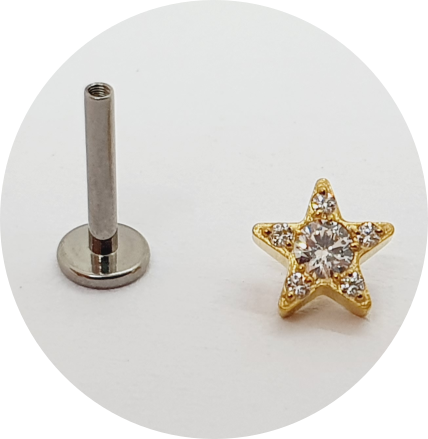 Labret Estrela 5 pontas zircônias cravejafas PVD Gold - haste em titânio natural