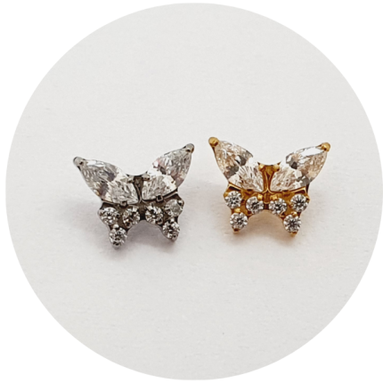 Labret Mini Borboleta Zircônias - Natural e PVD Gold - haste em titânio natural