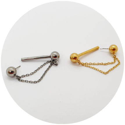 BARBEL RETO COM ESFERAS E CORRENTES - NATURAL OU PVD GOLD