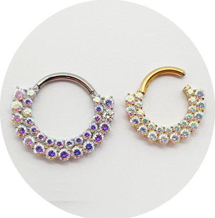 Segmento Luxúria Zircônias Furta-cor cravejadas Dupla Prongset - Natural e PVD Gold