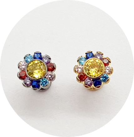 Labret Flor Zircônias Coloridas Prongset - Natural e PVD Gold