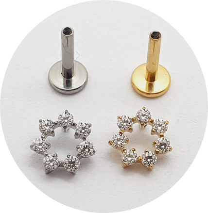 Labret Círculo Zircônias Prongset - Natural e PVD Gold