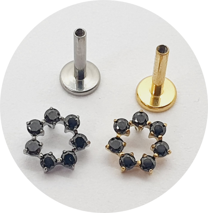 Labret Círculo Zircônias Black Prongset - Natural e PVD Gold