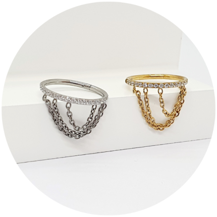 Segmento Articulado zircônias cravejadas com 3 correntes - Natural e PVD Gold