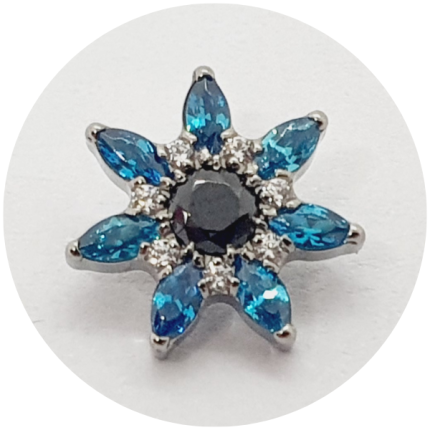 Labret Flor Micro navetes zircônias Branca, Azul e Pretas cravejadas