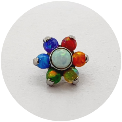 Labret Mini-Flor com opala branca central e zircônias coloridas