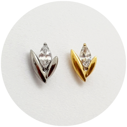 Labret Tulipa Navete com zircônia - Natural e PVD Gold - haste em titânio natural