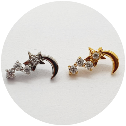 Labret Estrela cadente com zircônias cravejadas - Natural e PVD Gold - haste em titânio natural
